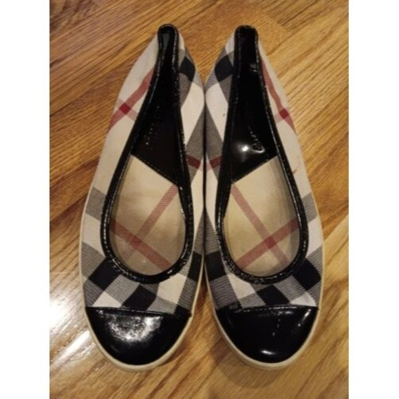 Burberry Nova‎ Check Plaid Ballet Flats Cap Toe Patent Leather Fabric Shoe 38 8 - Picture 1 of 10